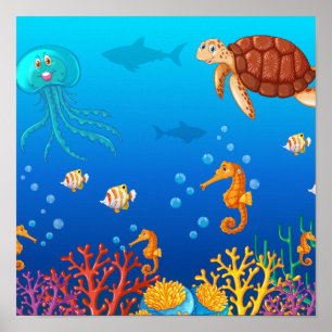 Sea animals swimming under the ocean poster