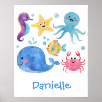 sea animals, watercolor sea animals, fish, whale