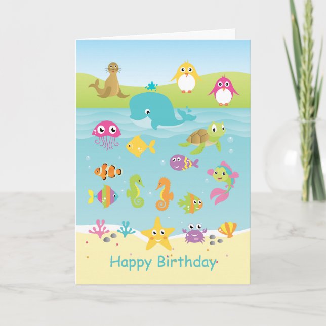 Sea animals: whale, penguin, turtle kids Birthday Card (Front)