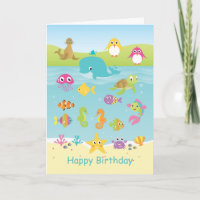 Sea animals: whale, penguin, turtle kids Birthday