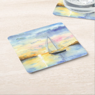 Sea at sunset square paper coaster