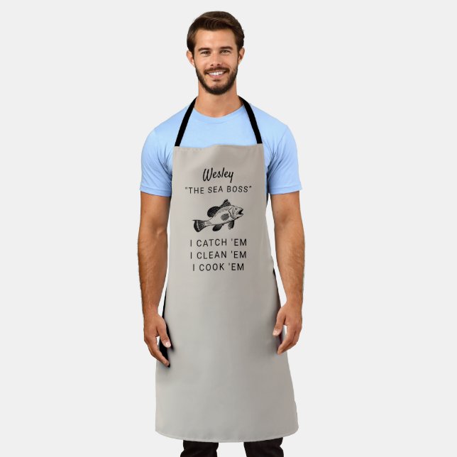 Sea Bass Fishing Humour Personalised Taupe Apron (Worn)
