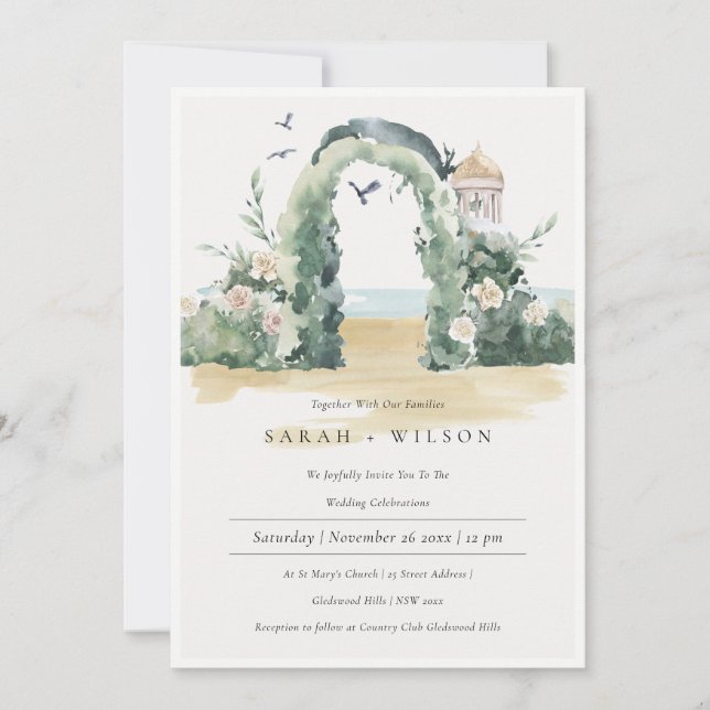 Sea Beach Floral Arch Botanical Wedding Invite (Front)