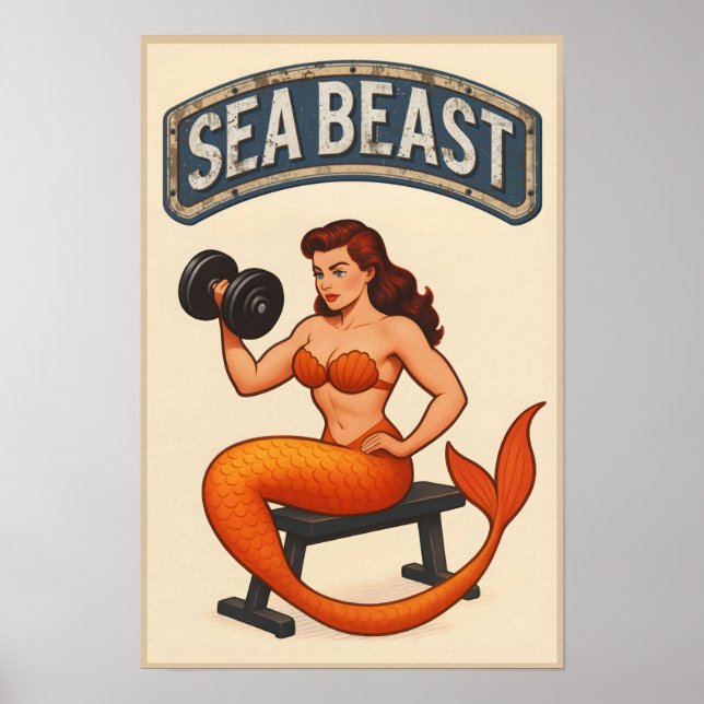 Sea Beast Gym Mermaid | Retro Pin-Up Fitness Art Poster (Front)