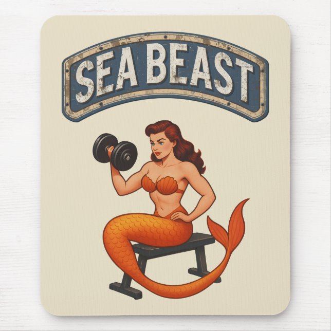Sea Beast Gym Mermaid Retro Pin-Up Fitness Lover Mouse Pad (Front)