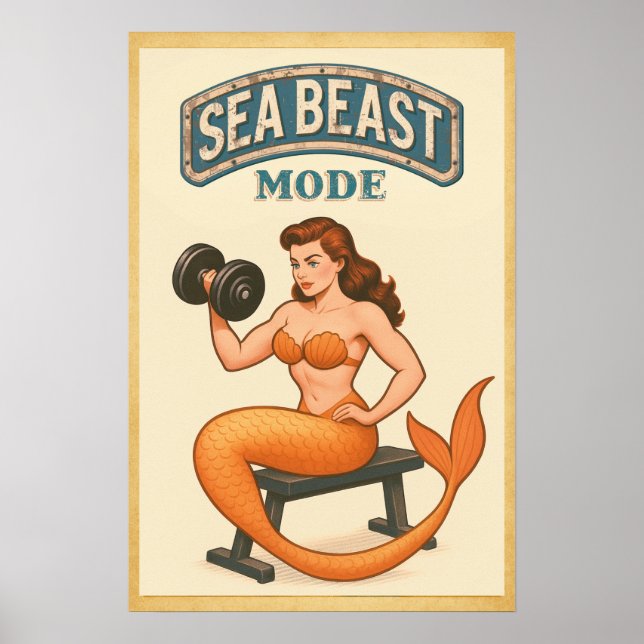 Sea Beast Mode Mermaid - Retro Pin-Up Gym Fitness Poster (Front)