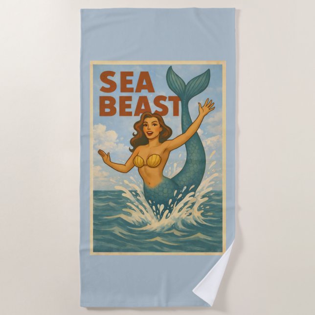 Sea Beast Retro Mermaid | Funny Coastal Beach Blue Beach Towel (Front)