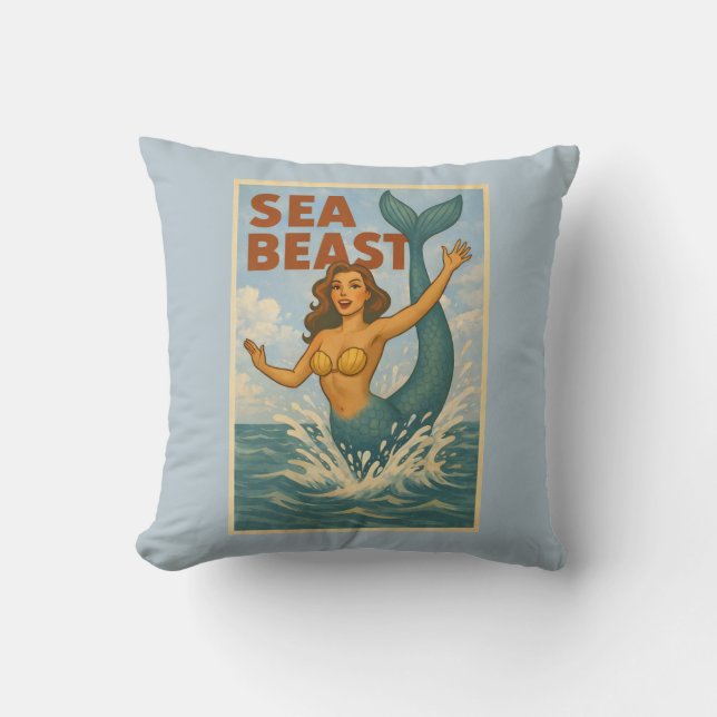 Sea Beast Retro Mermaid | Funny Coastal Beach Blue Cushion (Front)