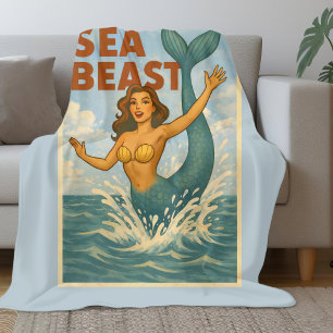 Sea Beast Retro Mermaid Funny Coastal Beach Blue Fleece Blanket