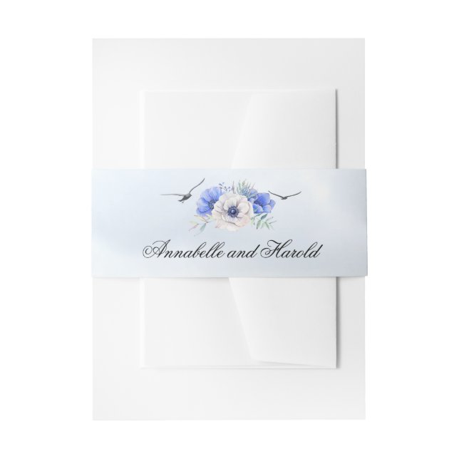 Sea Birds and Blue Flowers Beach Wedding Invitation Belly Band (Front Example)