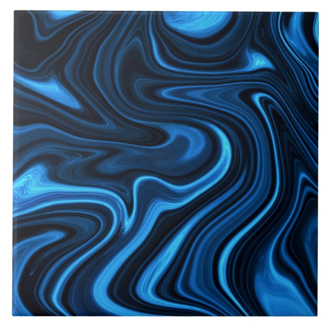 Sea Blue Abstract Fluid Ceramic Tile (Front)