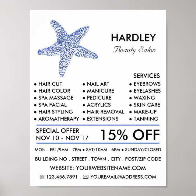 Sea Blue Beach Starfish, Beautician, Beauty Salon Poster (Front)