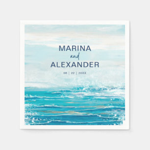 Sea Blue Beach Waves Coastal Watercolor Wedding Napkin