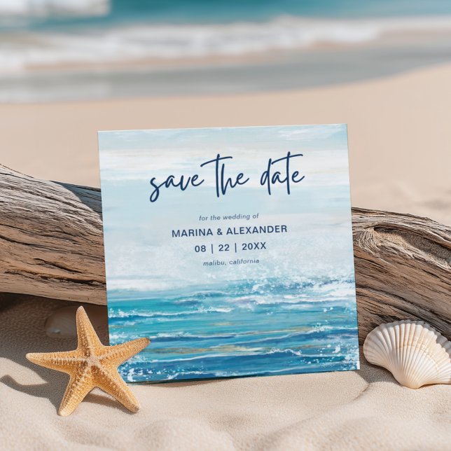 Sea Blue Beach Waves Coastal Wedding Save The Date (Creator Uploaded)