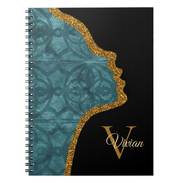 Sea Blue Black And Gold Glitter Face Monogram Name Notebook (Front)