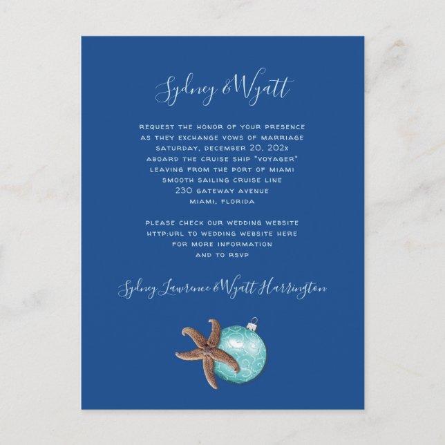 Sea Blue Christmas Cruise Wedding Invitation Postcard (Front)