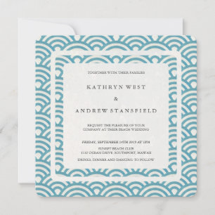 Sea Blue Green Stylised Waves Modern Wedding Invitation