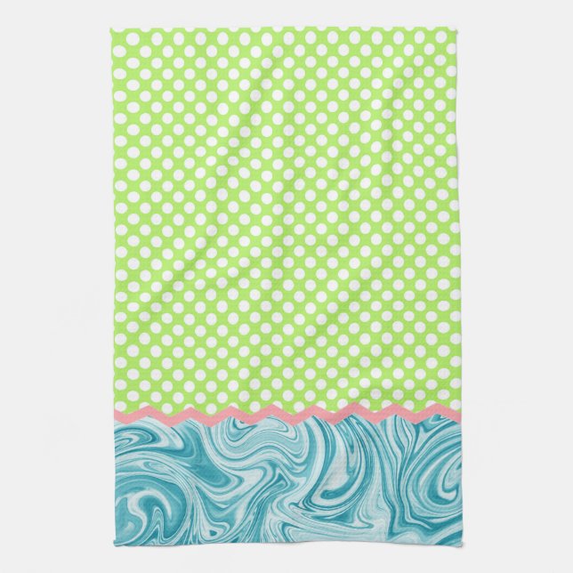 Sea Blue Lime Green Graphic Pattern & Dots Tea Towel (Vertical)
