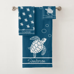 Sea Blue Monogram White Sea Turtle Nautical Bath Towel Set