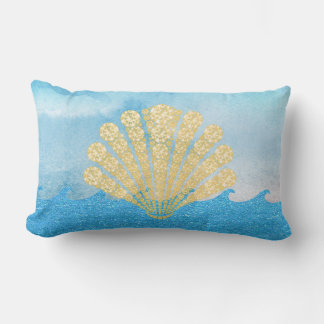 Sea Blue Sparkling Waves Gold Diamond Seashell Lumbar Cushion