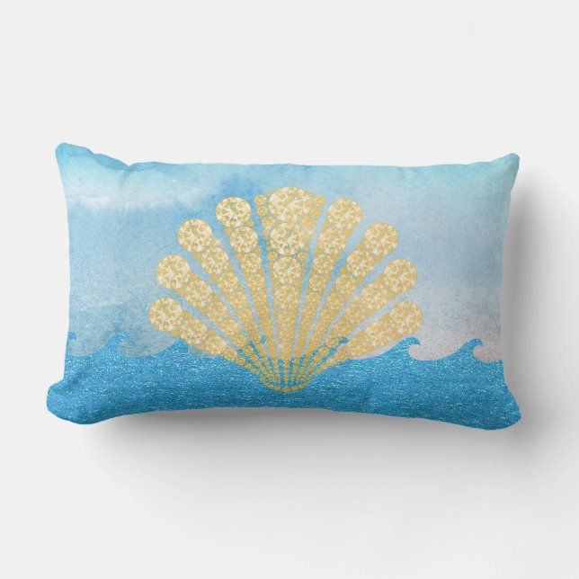Sea Blue Sparkling Waves Gold Diamond Seashell Lumbar Cushion (Front)