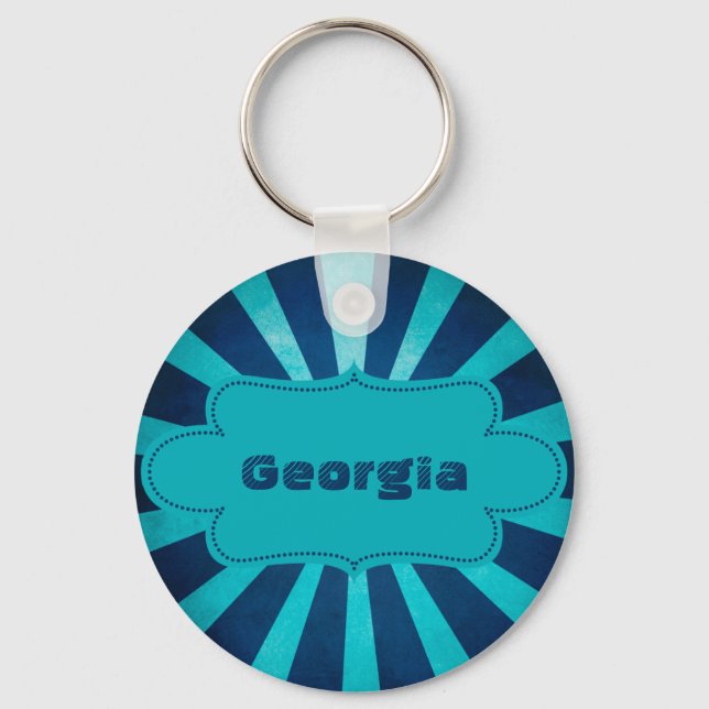 Sea Blue Star Burst Pattern with Label Key Ring (Front)