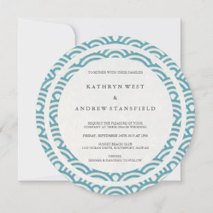 Sea Blue Stylised Waves Elegant Beach Wedding Invitation