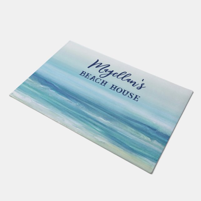 Sea Blue Watercolor Ocean Waves Coastal Beach  Doormat (Angled)