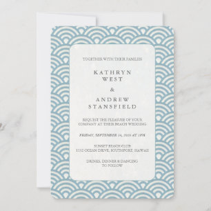 Sea Blue + White Deco Wave Pattern Wedding Invitation