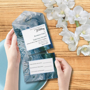 Sea Blues Alcohol Ink Paint Elegant Wedding  All In One Invitation