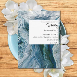 Sea Blues Alcohol Ink Paint Elegant Wedding Invitation