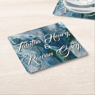Sea Blues Alcohol Ink Paint Elegant Wedding Square Paper Coaster