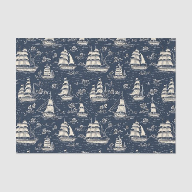 Sea Boats at Night Navy Blue Decoupage Tissue Paper (Front)