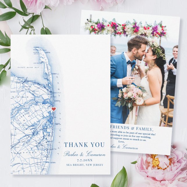 Sea Bright New Jersey Map Wedding Photo Flat Thank You Card (These Sea Bright New Jersey wedding photo thank you cards are perfect for your Jersey Shore wedding)