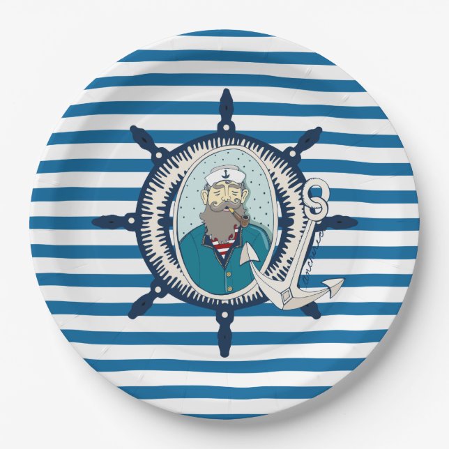Sea Captain Blue and White Stripe Paper Plates (Front)