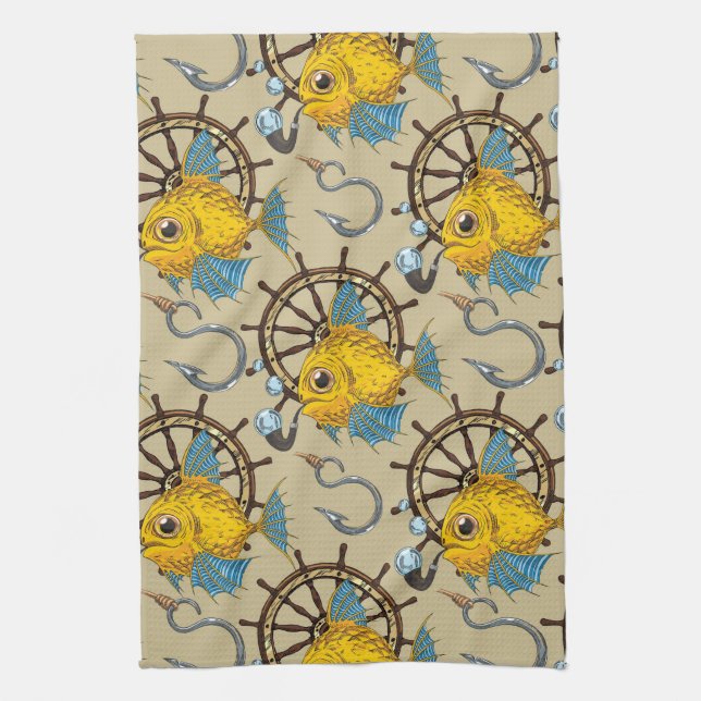 Sea Captain Fish Pattern Tea Towel (Vertical)