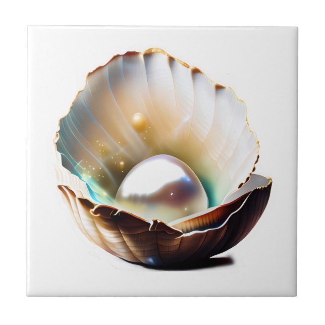 Sea clam shell peal iridescent shine glam decor ceramic tile (Front)