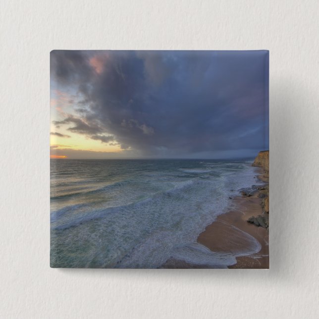 Sea cliffs catch days last light at Pomponi 15 Cm Square Badge (Front)