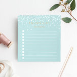 Sea | Confetti Dots Personalised To-Do List Notepad<br><div class="desc">Chic personalised notepad features "to do list" at the top with your name beneath, in dark antique gold lettering on a pastel sea green background dotted with white confetti dots raining from the top. Keep track of all your important items with this lined to-do list note pad featuring 10 checkboxes....</div>