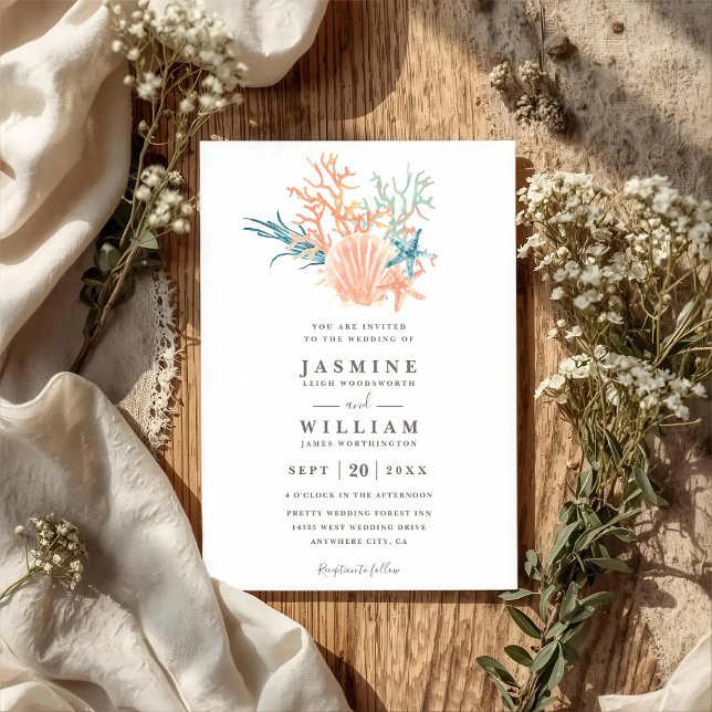 Sea Coral Reef Ocean Elegant QR Code Wedding Invitation (Creator Uploaded)