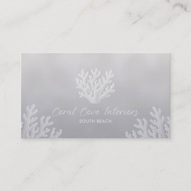 Sea Coral Silhouette | Silver Pearl Business Card (Front)