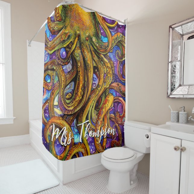 Sea Creature Octopus with Personalised Name Shower Curtain (In Situ)
