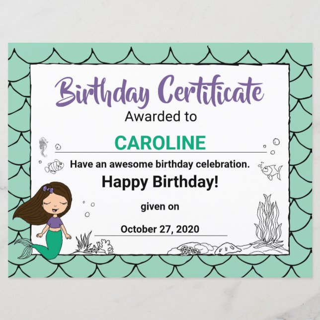 Sea Creature Party White Mermaid B-day Certificate (Front)