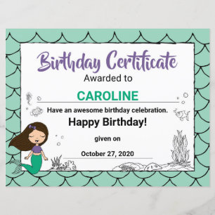 Sea Creature Party White Mermaid B-day Certificate