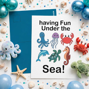 Sea Creatures Having Fun Under The Sea Birthday Postcard