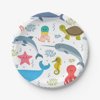 Sea Creatures Seamless Pattern Party Paper Plate
