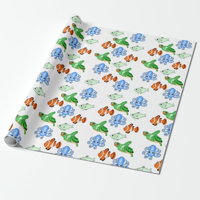 Sea Creatures Themed Birthday or Baby Shower Wrapping Paper (Unrolled)