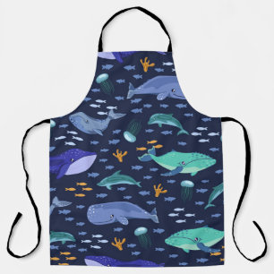 Sea creatures: whales, jellyfish pattern. apron