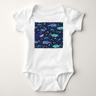 Sea creatures: whales, jellyfish pattern. baby bodysuit