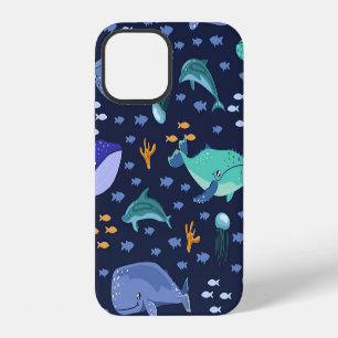Sea creatures: whales, jellyfish pattern. iPhone 12 case